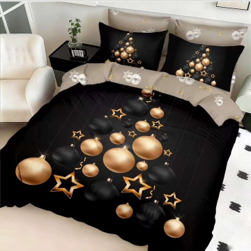 Lenjerie de pat de Crăciun cu elastic, policoton, 6 piese, auriu și negru, Elegant Home Pucioasa, MT-03