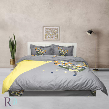 Lenjerie de pat Delia, 100% bumbac satin, gri / galben, 4 piese, Roxyma Dream