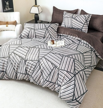 Lenjerie de pat finet, 2 persoane, 6 piese, fără elastic, geometric, alb și negru, JoJo Home, FNJ-503