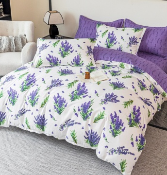 Lenjerie de pat finet, 2 persoane, 6 piese, fără elastic, lavandă, alb și mov, JoJo Home, FNJ-493
