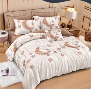 Lenjerie de pat Johnny Home Pucioasa, 6 piese, finet, model lună și stele crem/bej, 2 persoane