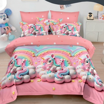 Lenjerie de pat Johnny Home Pucioasa, 6 piese, finet, model unicorni roz multicolor, 2 persoane