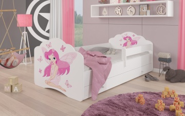 Pat copii ADRK CASIMO – 80x160 cm – cu somieră inclusă – cu ladă de depozitare – cu barieră de protecție – Fetiță cu aripi – Alb – bibliotecă: PAL laminat 16Mm