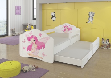 Pat copii ADRK CASIMO II – 80x160 cm – cu somieră inclusă – cu barieră de protecție – Fetiță cu aripi – Alb – Varianta 2