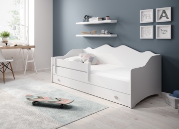 Pat copii ADRK EMKA Gray White – 80x160 cm – cu somieră inclusă – cu ladă de depozitare – Alb
