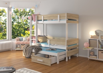 Pat copii ADRK ETAPO – 90x200 cm – cu somieră inclusă – cu ladă de depozitare – Alb / Sonoma – SKU CH-Eta-W+S-208+M-E2162