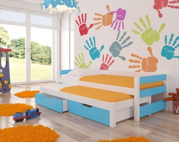 Pat copii ADRK FRAGA – 90x200 cm – cu somieră inclusă – cu ladă de depozitare – Alb / Albastru