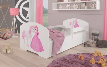 Pat copii ADRK PEPE – 80x160 cm – cu somieră inclusă – cu ladă de depozitare – cu barieră de protecție – Prințesă și cal – Alb