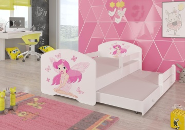Pat copii ADRK PEPE II – 80x160 cm – cu somieră inclusă – cu barieră de protecție – Fetiță cu aripi – Alb – lemn de Pin