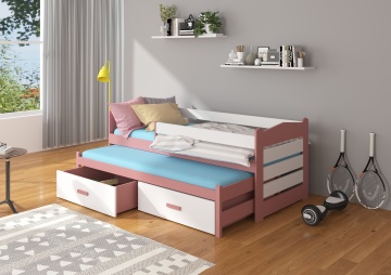 Pat copii ADRK TIARRO – 90x200 cm – cu somieră inclusă – cu ladă de depozitare – cu barieră de protecție – Roz / Alb – SKU CH-Tia-P+W-206-E1396