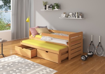 Pat copii ADRK TOMI – 80x180 cm – cu somieră inclusă – cu ladă de depozitare – cu barieră de protecție – Fag – SKU CH-Tom-BUK-186+M-E452
