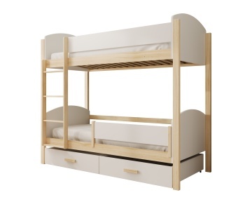Pat supraetajat ADRK copii Jori – 90x190 cm – cu somieră inclusă – cu ladă de depozitare – cu barieră de protecție – Alb / Pin – SKU CH-JOR-WP-200-BAR-M