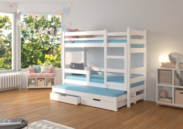 Pat supraetajat ADRK pentru 3 persoane KARLO – 75x180 cm – cu somieră inclusă – cu ladă de depozitare – Alb