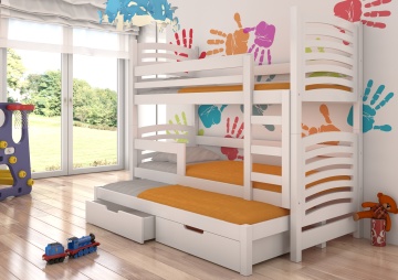 Pat supraetajat ADRK pentru 3 persoane SORIA – 75x180 cm – cu somieră inclusă – cu ladă de depozitare – Alb