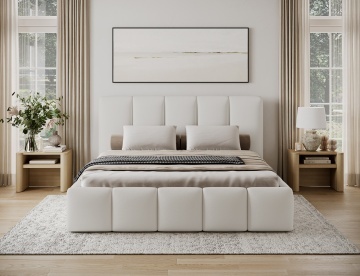 Pat tapițat ELTAP Edvige, 140x200 cm, alb, Soft 17 – amenajat într-un dormitor, vedere frontală