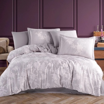 Set lenjerie de pat bumbac saten 100% Avelina | Hobby Home | roz pudră & gri | floral cu dungi | 6 piese | 2 persoane