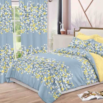 set complet format din lenjerie de pat si draperie, culoare galbena / albastru deschis