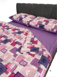 Lenjerie de pat bumbac 100% Ranforce, 220x200, model patchwork mov cu inimioare, 4 piese