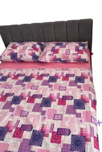 Lenjerie de pat bumbac ranforce 100% – 4 piese, model patchwork roz cu inimioare, 220x200