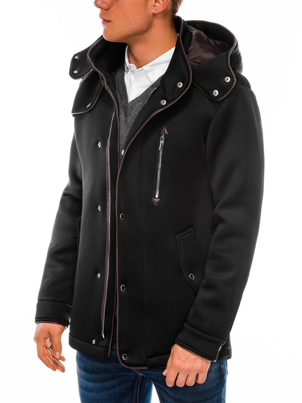 Human Infrared Addicted Jacheta pentru barbati, negru, stil palton, nasturi si fermoar, casual,  slim fit - C200