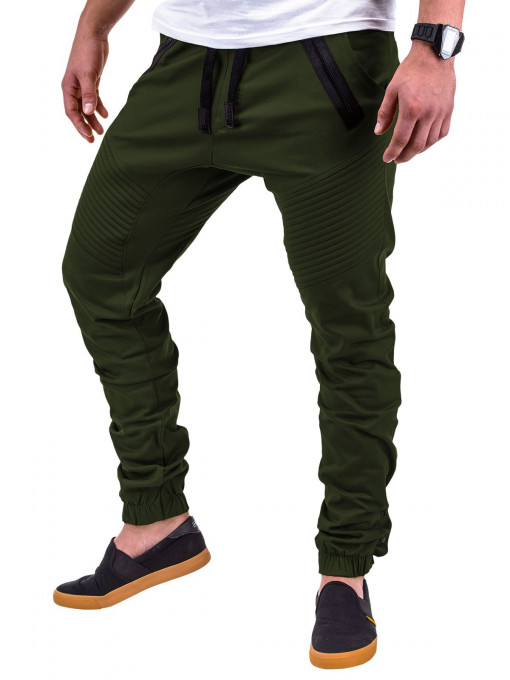 Pantaloni pentru barbati, verde, cu siret negru, banda jos, casual, elastic - P389