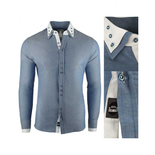 Camasa pentru barbati, super slim fit, elastica, casual, cu guler - blackrock basic albastru