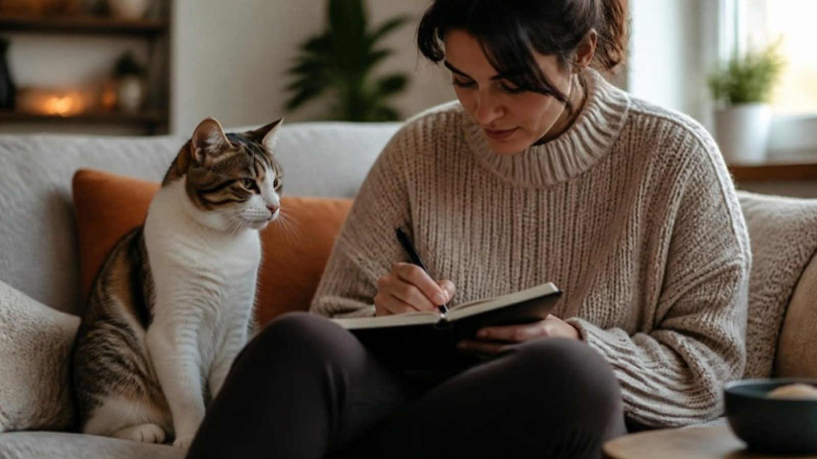 Stăpână care notează într-un jurnal, lângă pisica ei