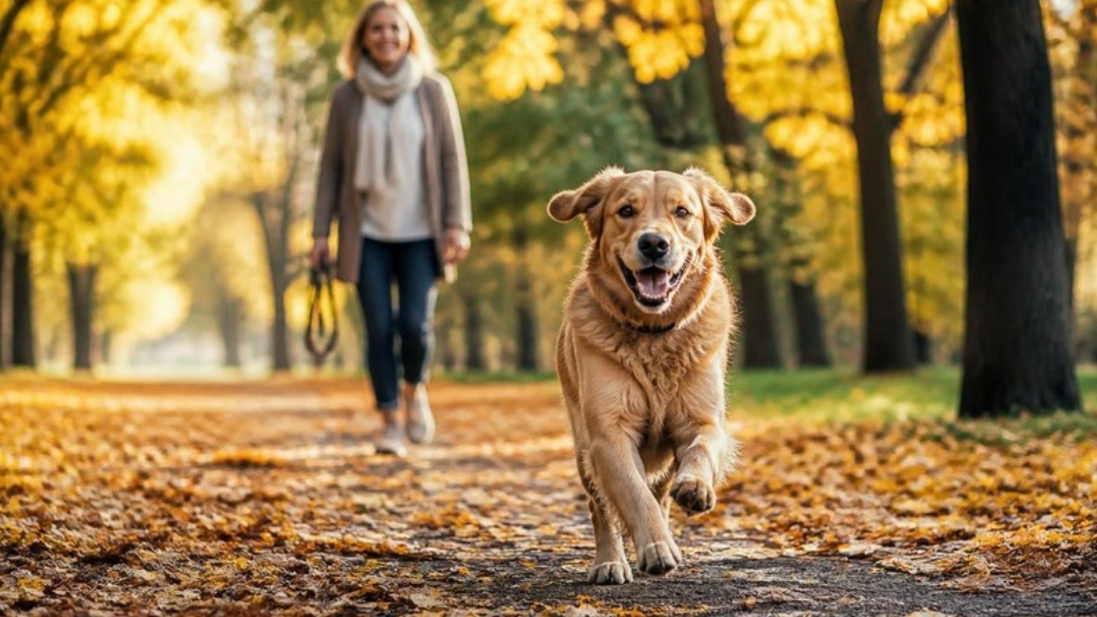 Câine fericit alergând prin parc, printre frunze de toamnă