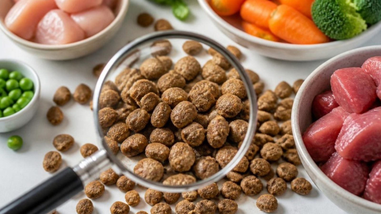 Lupă peste granule de hrană uscată și ingrediente proaspete