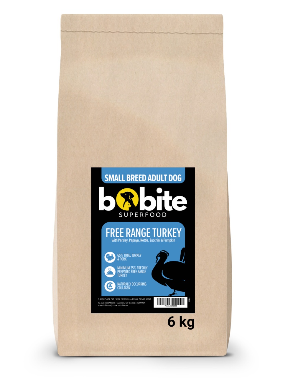 Bobite SuperFood, Adult-rasa mica, Curcan free-range cu Patrunjel, Papaya, Urzica, Dovlecel si Dovleac, Hrana uscata caini, 6kg