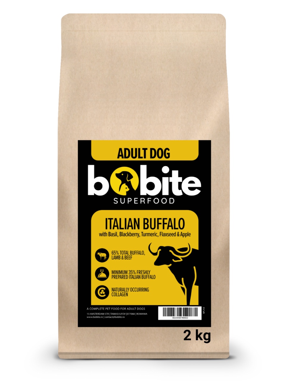 Bobite SuperFood, adult, Bivol Italian cu Busuioc, Mure, Turmenic, Seminte de in si Mar, Hrana uscata caini, 2kg