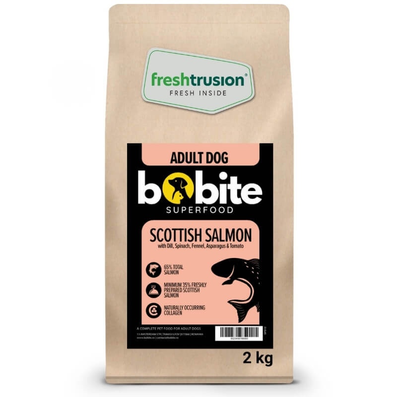Bobite SuperFood, adult, Somon scotian cu Marar, Spanac, Fenicul, Sparanghel si Rosii, Hrana uscata caini, 2kg