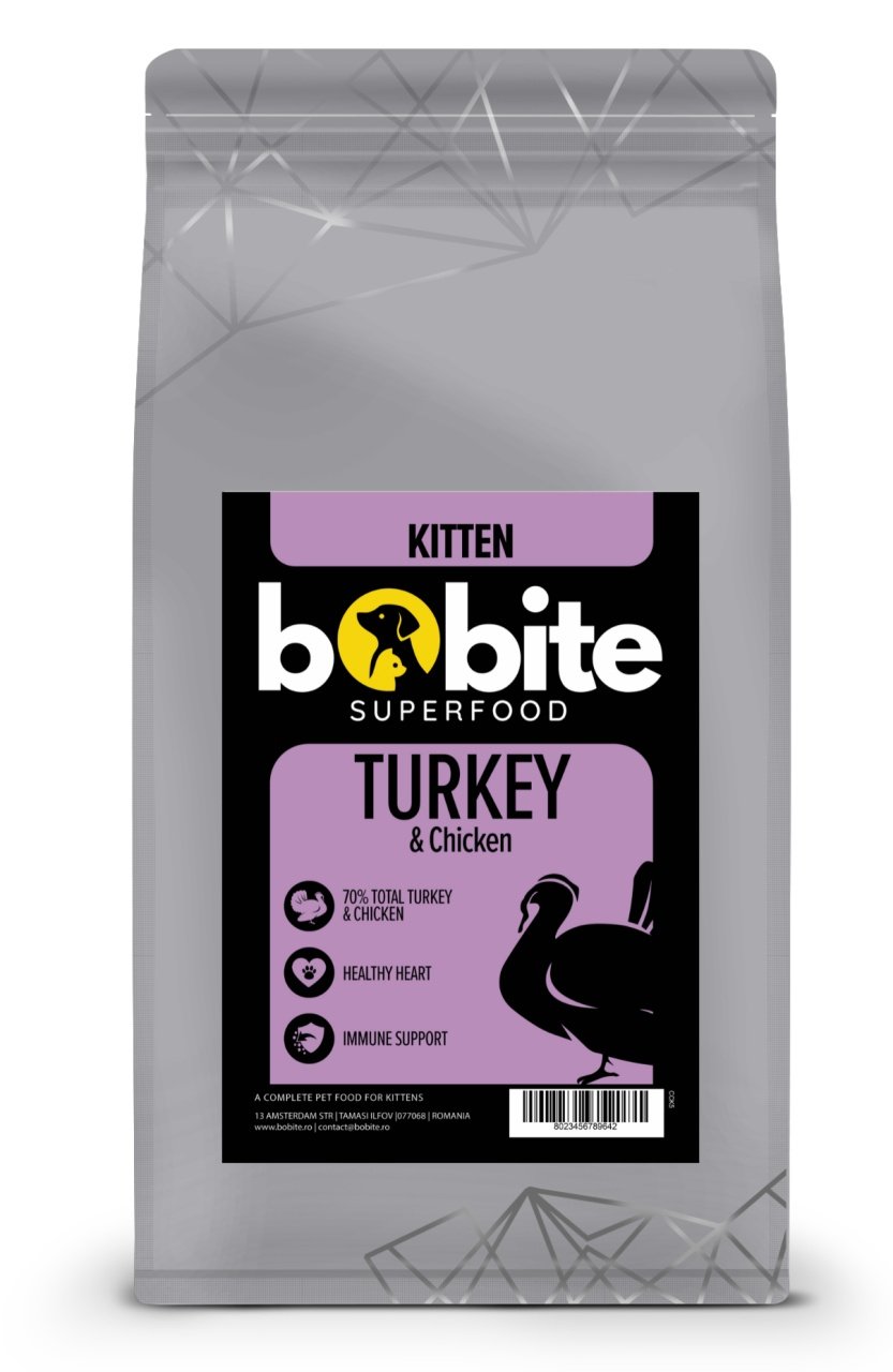 Bobite SuperFood, Kitten, Curcan si Pui, Hrana uscata pui de pisica, 5kg