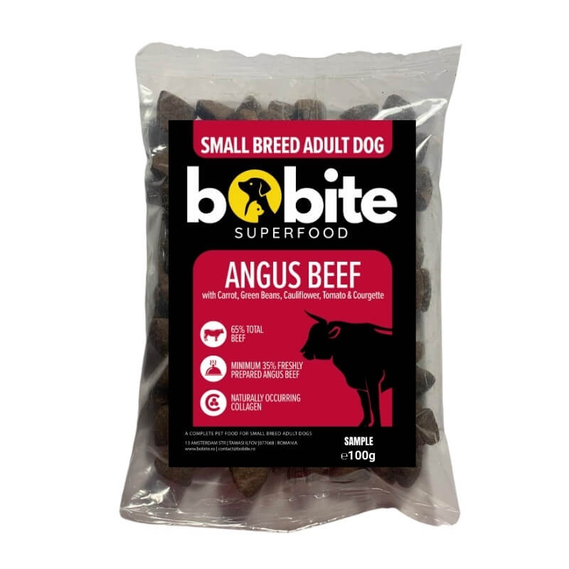Pachet degustare, Bobite SuperFood, Adult-rasa mica, Vita Angus cu Morcov, Fasole Verde, Conopida, Rosii si Dovlecel, Hrana uscata caini, 100g