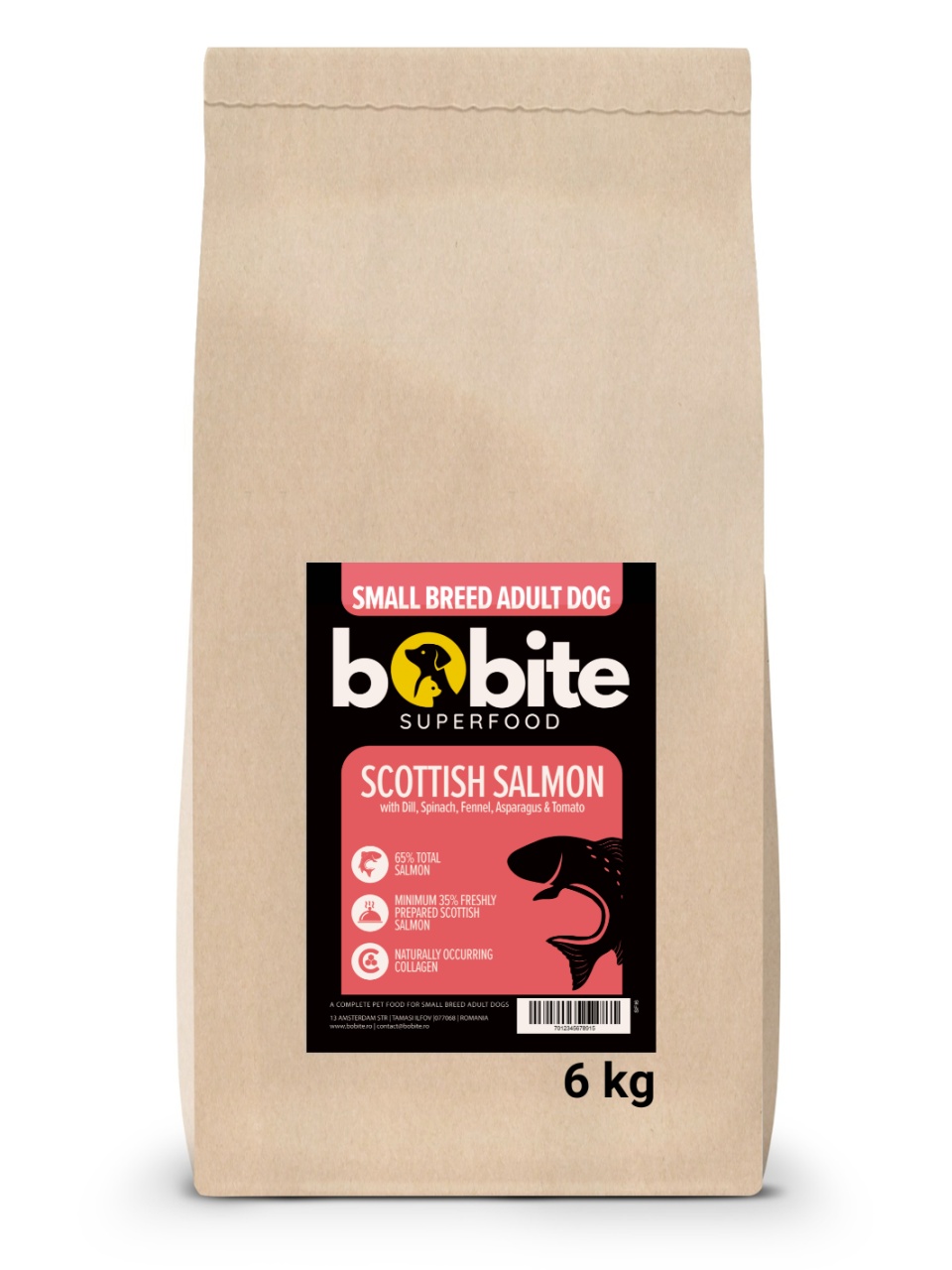 Bobite SuperFood, Adult-rasa mica, Somon scotian cu Marar, Spanac, Fenicul, Sparanghel si Rosii, Hrana uscata caini, 6kg