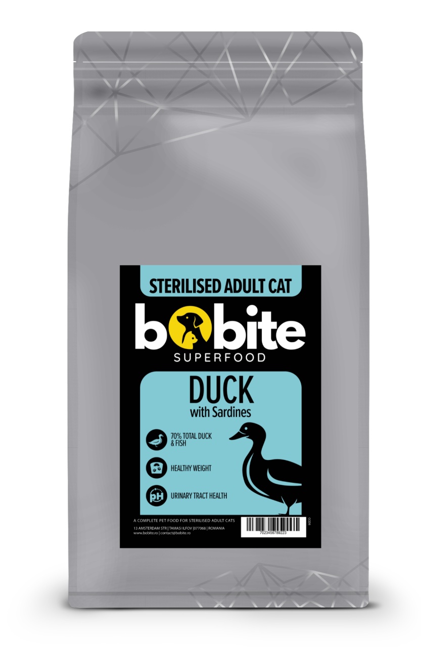 Bobite SuperFood, Adult, Rata si Sardine, Hrana uscata pisici sterilizate, 1.5kg