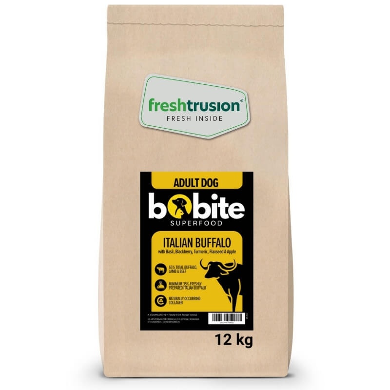 Bobite SuperFood, adult, Bivol Italian cu Busuioc, Mure, Turmenic, Seminte de in si Mar, Hrana uscata caini, 12kg