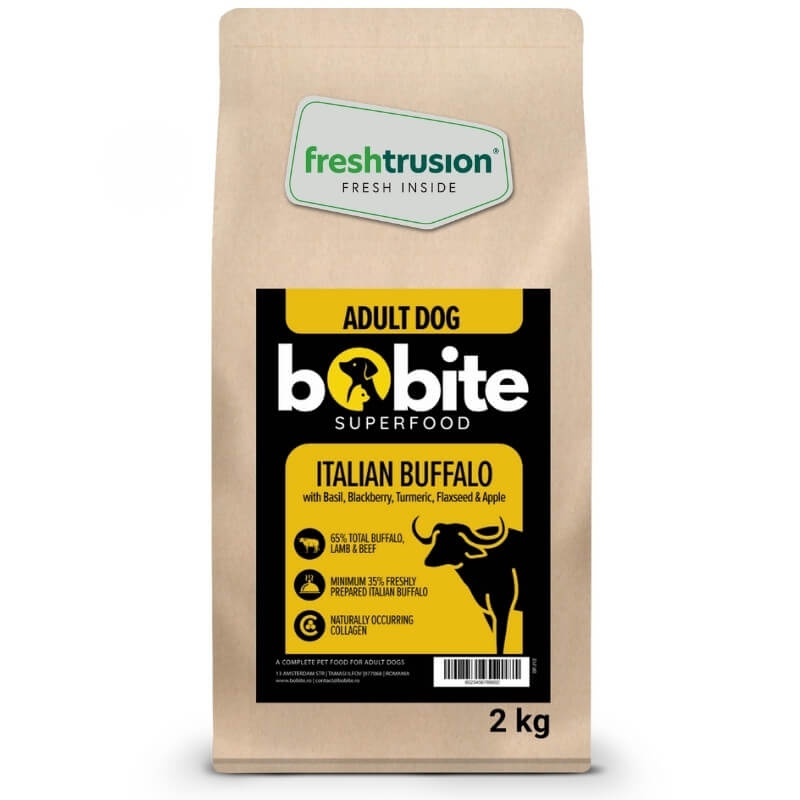 Bobite SuperFood, adult, Bivol Italian cu Busuioc, Mure, Turmenic, Seminte de in si Mar, Hrana uscata caini, 2kg