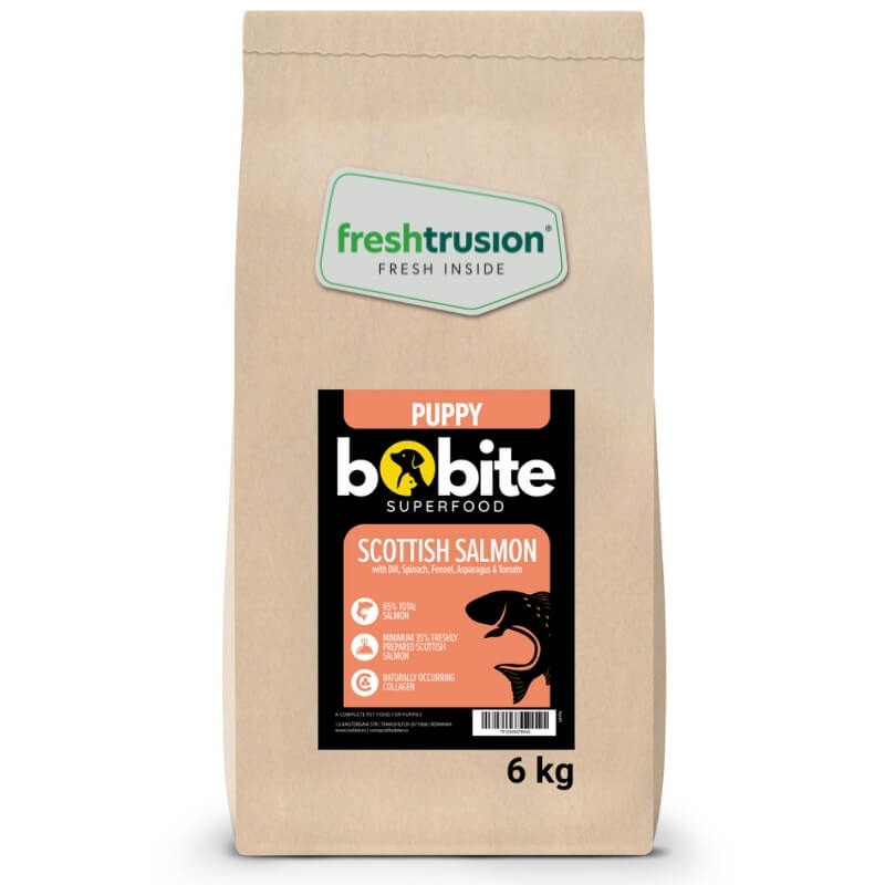Bobite SuperFood, Puppy, Somon Scotian cu Marar, Spanac, Fenicul, Sparanghel si Rosii, Hrana uscata caini, 6kg