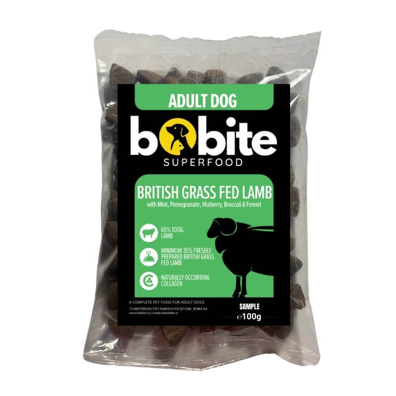 Pachet degustare, Bobite SuperFood, adult, Miel britanic hranit cu iarba cu Menta, Rodie, Dude, Broccoli si Fenicul, Hrana uscata caini, 100g