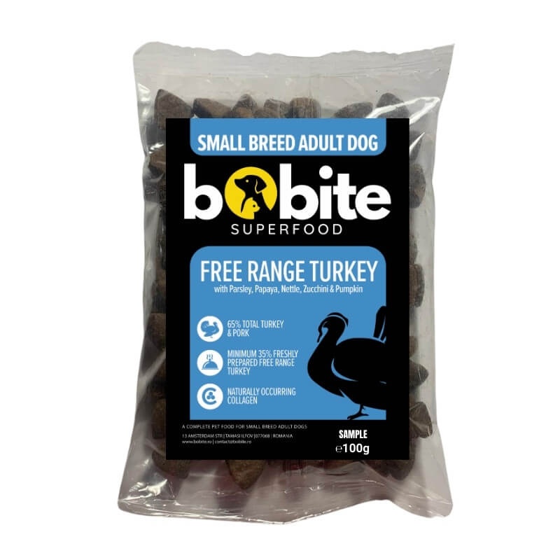 Pachet degustare, Bobite SuperFood, Adult-rasa mica, Curcan free-range cu Patrunjel, Papaya, Urzica, Dovlecel si Dovleac, Hrana uscata caini, 100g