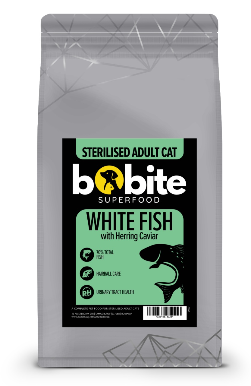 Bobite SuperFood, Adult, Peste Alb si Icre de Hering, Hrana uscata pisici sterilizate, 5kg