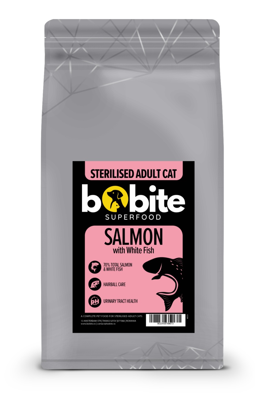 Bobite SuperFood, Adult, Somon si Peste Alb, Hrana uscata pisici sterilizate, 1.5kg