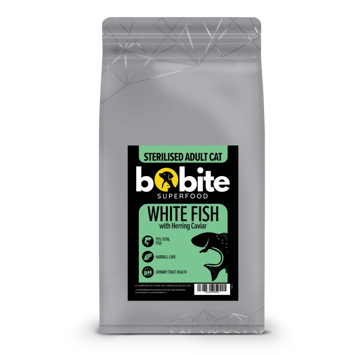 Bobite Superfood Pisici Sterilizate Adult – Pește alb & Icre de Hering, Hrană uscată superpremium