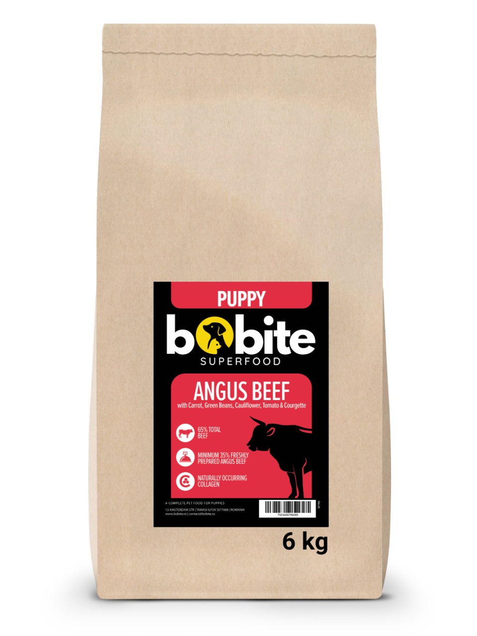 Bobite SuperFood, Puppy, Carne de vita Angus cu Morcov, Fasole verde, Conopida, Rosii si Dovlecel, Hrana uscata caini, 6kg