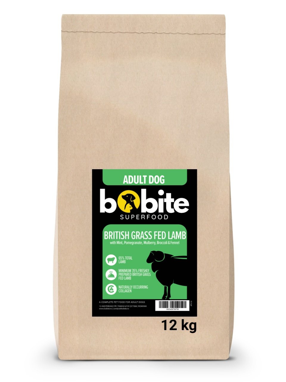 Bobite SuperFood, adult, Miel britanic hranit cu iarba cu Menta, Rodie, Dude, Broccoli si Fenicul, Hrana uscata caini, 12kg