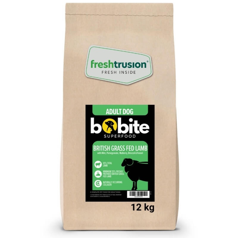 Bobite SuperFood, adult, Miel britanic hranit cu iarba cu Menta, Rodie, Dude, Broccoli si Fenicul, Hrana uscata caini, 12kg