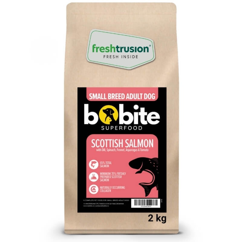 Bobite SuperFood, Adult-rasa mica, Somon scotian cu Marar, Spanac, Fenicul, Sparanghel si Rosii, Hrana uscata caini, 2kg