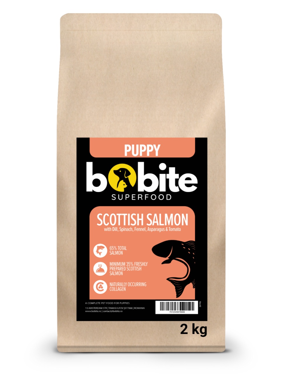 Bobite SuperFood, Puppy, Somon Scotian cu Marar, Spanac, Fenicul, Sparanghel si Rosii, Hrana uscata caini, 2kg