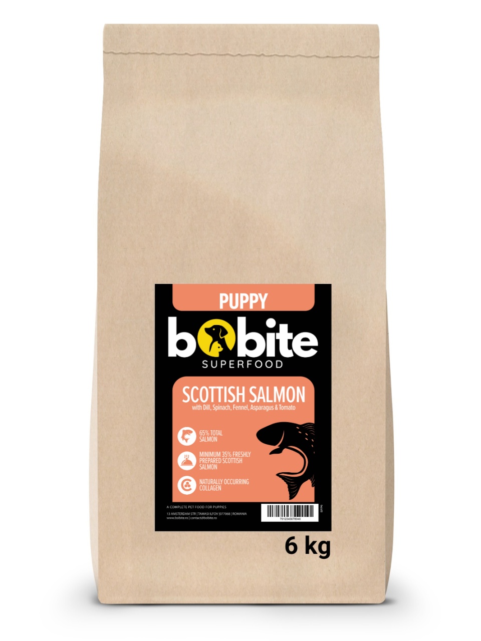 Bobite SuperFood, Puppy, Somon Scotian cu Marar, Spanac, Fenicul, Sparanghel si Rosii, Hrana uscata caini, 6kg